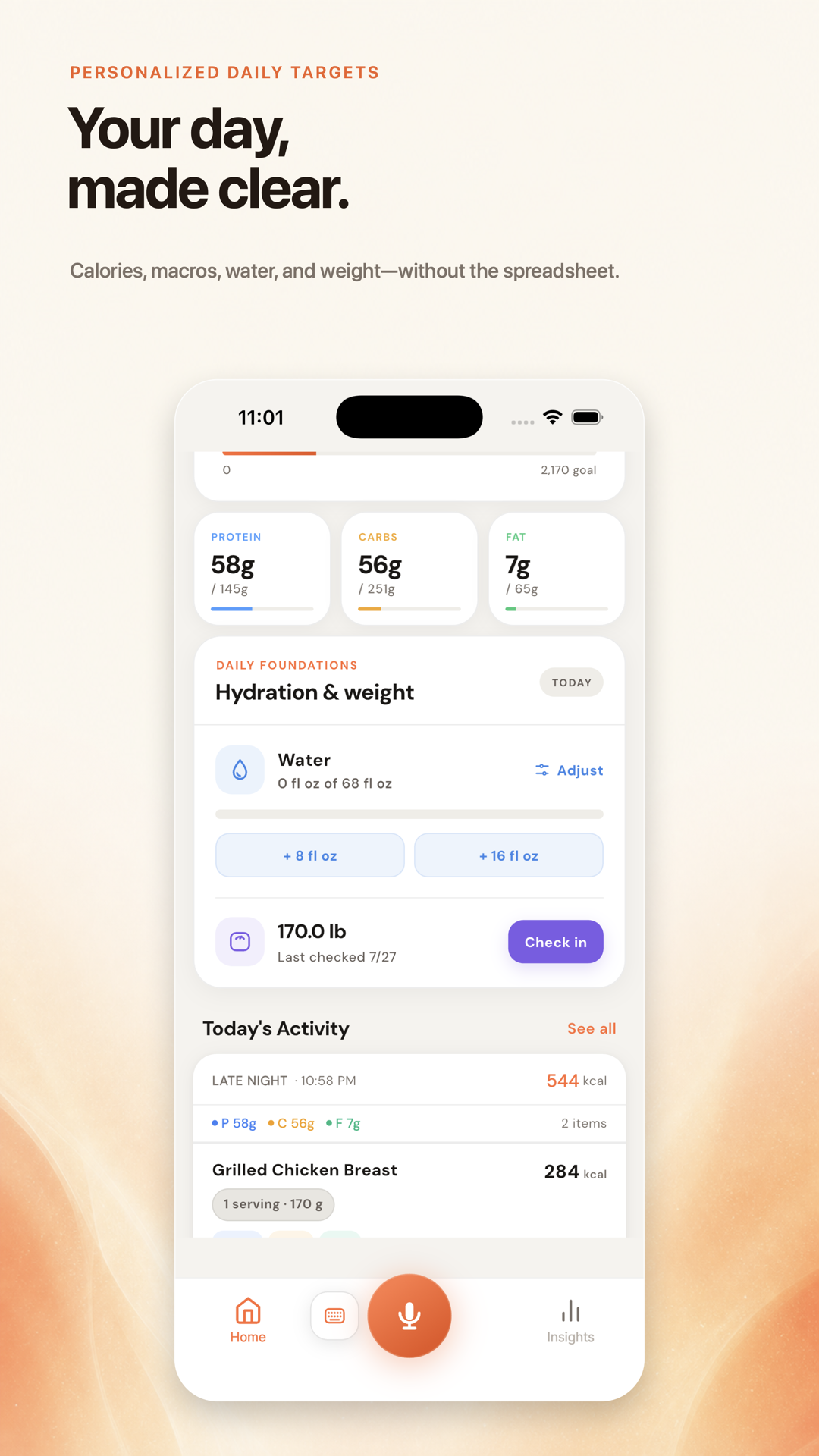 Kaky daily calorie and macro dashboard